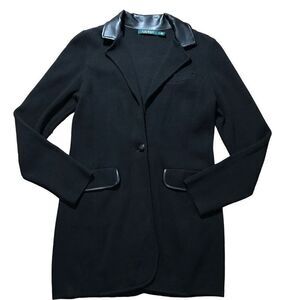 Lauren Ralph Lauren Black Cotton long blazer coat faux leather collar